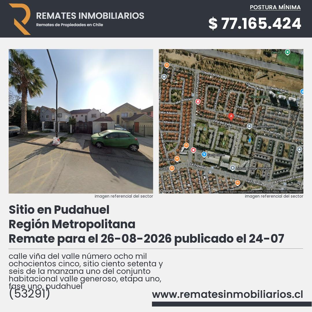 Imagen ficha calle viña del valle número ocho mil ochocientos cinco, sitio ciento setenta y seis de la manzana uno del conjunto habitacional valle generoso, etapa uno, fase uno, pudahuel