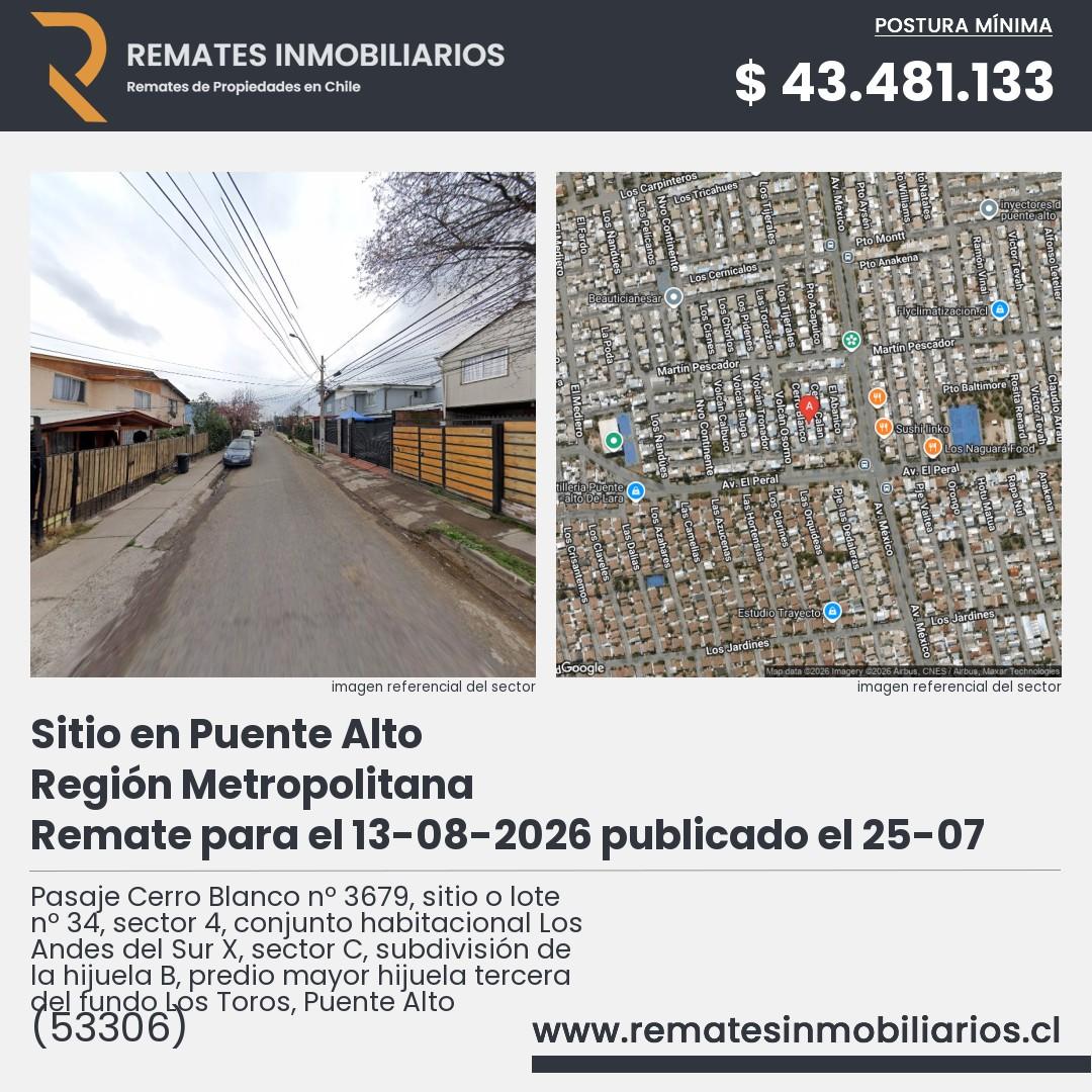Imagen ficha Pasaje Cerro Blanco nº 3679, sitio o lote nº 34, sector 4, conjunto habitacional Los Andes del Sur X, sector C, subdivisión de la hijuela B, predio mayor hijuela tercera del fundo Los Toros, Puente Alto