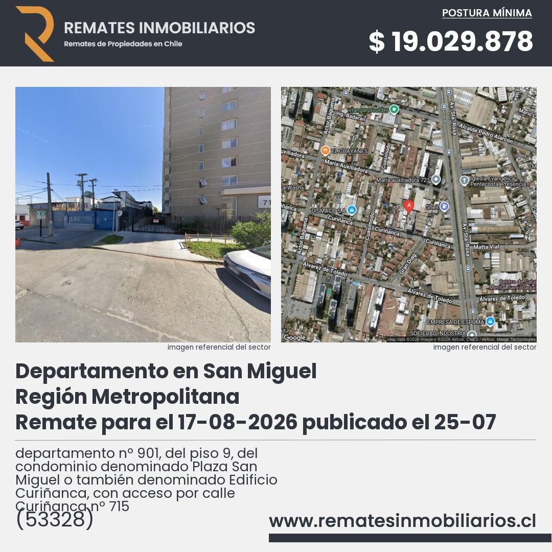 Imagen ficha departamento nº 901, del piso 9, del condominio denominado Plaza San Miguel o también denominado Edificio Curiñanca, con acceso por calle Curiñanca nº 715