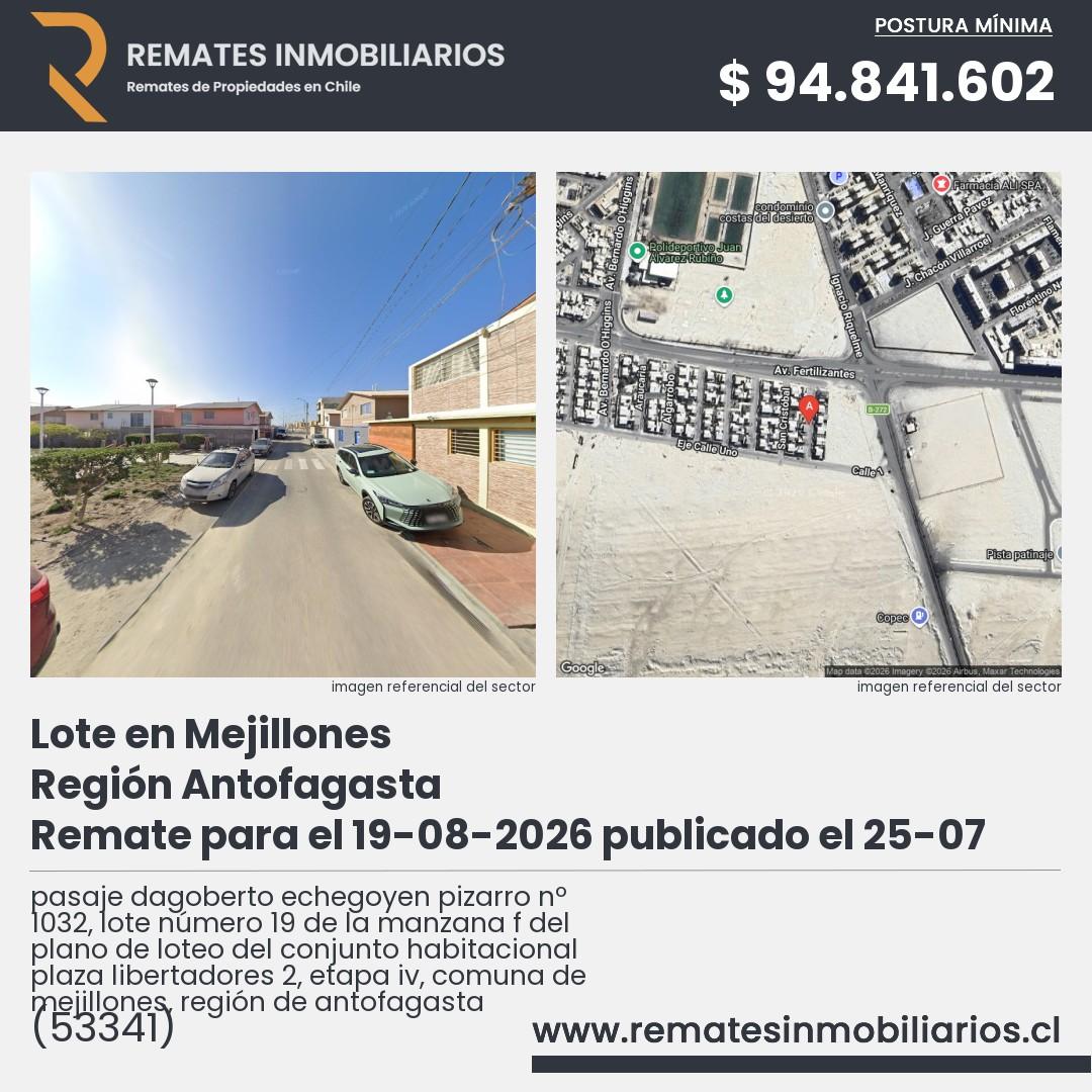 Imagen ficha pasaje dagoberto echegoyen pizarro nº 1032, lote número 19 de la manzana f del plano de loteo del conjunto habitacional plaza libertadores 2, etapa iv, comuna de mejillones, región de antofagasta