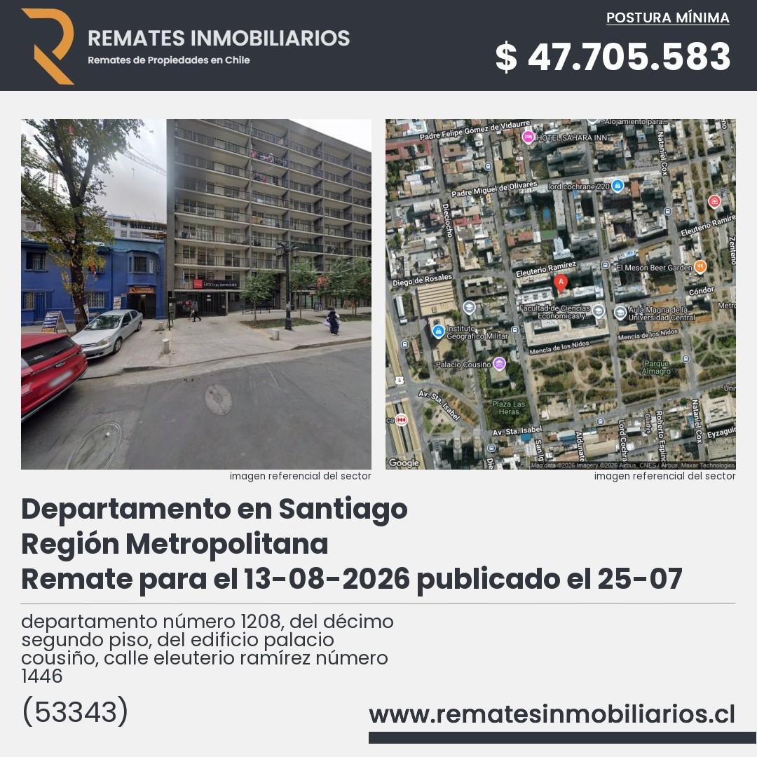 Imagen ficha departamento número 1208, del décimo segundo piso, del edificio palacio cousiño, calle eleuterio ramírez número 1446