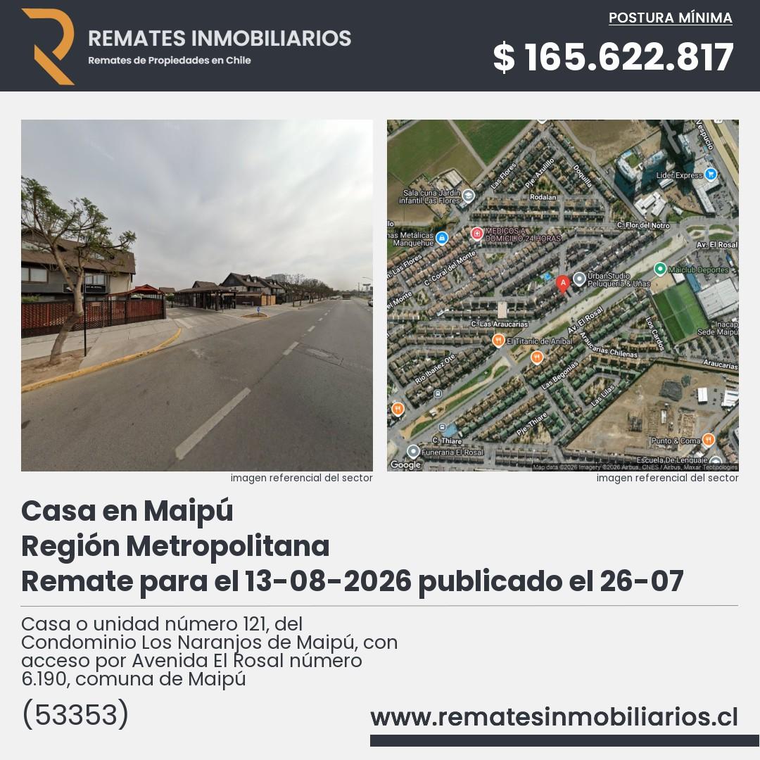 Imagen ficha Casa o unidad número 121, del Condominio Los Naranjos de Maipú, con acceso por Avenida El Rosal número 6.190, comuna de Maipú