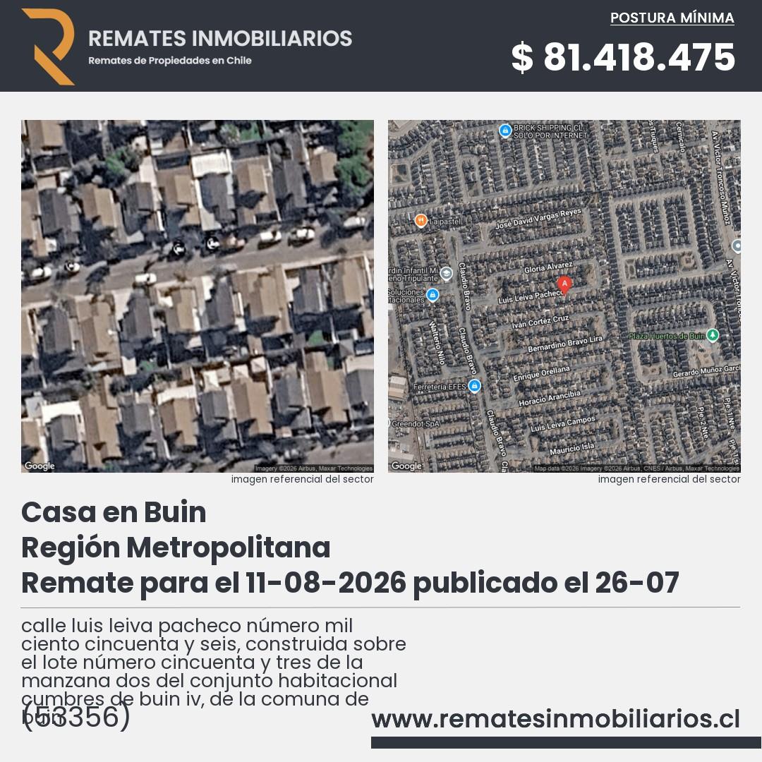 Imagen ficha calle luis leiva pacheco número mil ciento cincuenta y seis, construida sobre el lote número cincuenta y tres de la manzana dos del conjunto habitacional cumbres de buin iv, de la comuna de buin