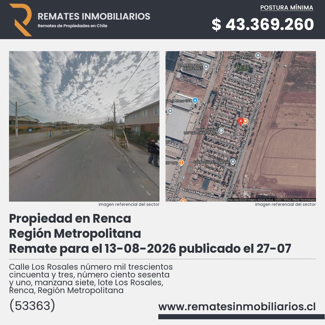 Imagen ficha Calle Los Rosales número mil trescientos cincuenta y tres, número ciento sesenta y uno, manzana siete, lote Los Rosales, Renca, Región Metropolitana
