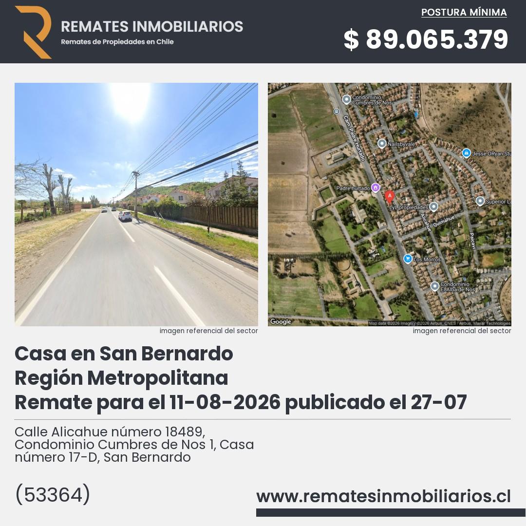 Imagen ficha Calle Alicahue número 18489, Condominio Cumbres de Nos 1, Casa número 17-D, San Bernardo