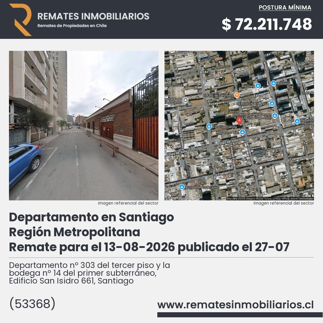 Imagen ficha Departamento nº 303 del tercer piso y la bodega nº 14 del primer subterráneo, Edificio San Isidro 661, Santiago