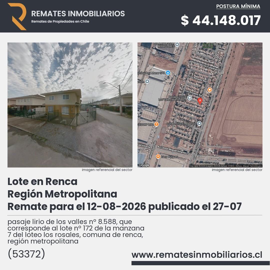 Imagen ficha pasaje lirio de los valles nº 8.588, que corresponde al lote nº 172 de la manzana 7 del loteo los rosales, comuna de renca, región metropolitana