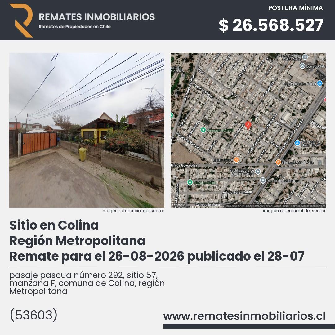Imagen ficha pasaje pascua número 292, sitio 57, manzana F, comuna de Colina, región Metropolitana
