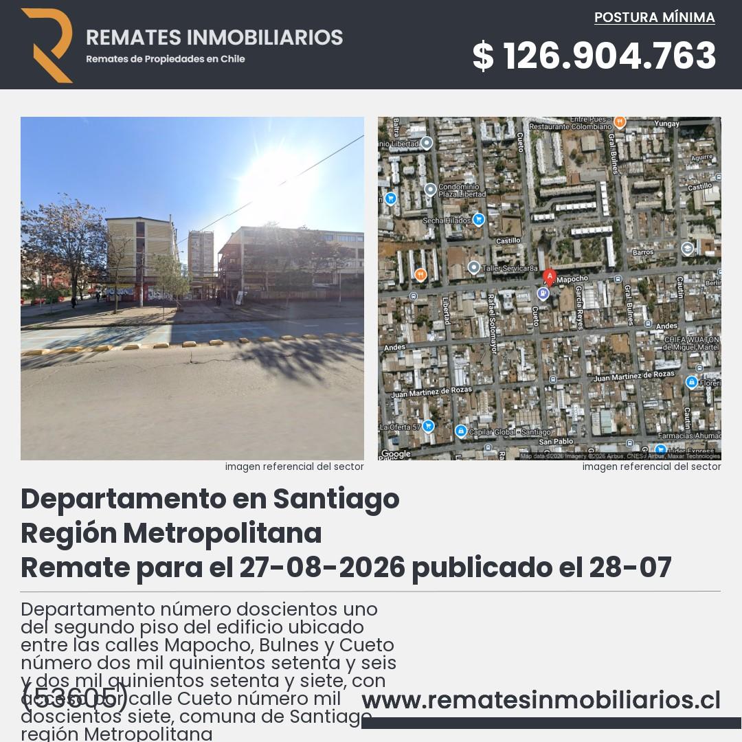 Imagen ficha Departamento número doscientos uno del segundo piso del edificio ubicado entre las calles Mapocho, Bulnes y Cueto número dos mil quinientos setenta y seis y dos mil quinientos setenta y siete, con acceso por calle Cueto número mil doscientos siete, comuna de Santiago, región Metropolitana