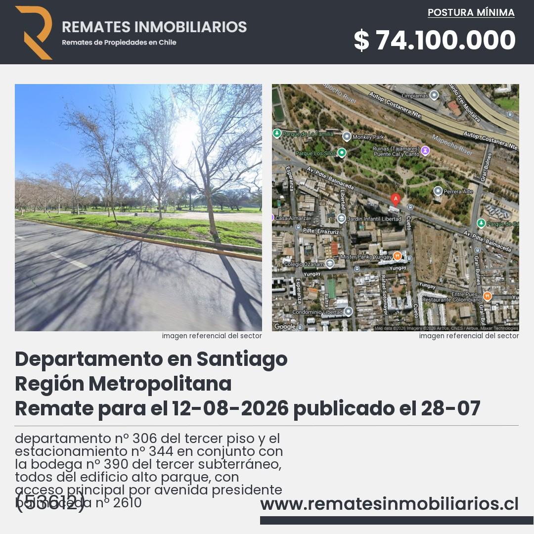 Imagen ficha departamento nº 306 del tercer piso y el estacionamiento nº 344 en conjunto con la bodega nº 390 del tercer subterráneo, todos del edificio alto parque, con acceso principal por avenida presidente balmaceda nº 2610