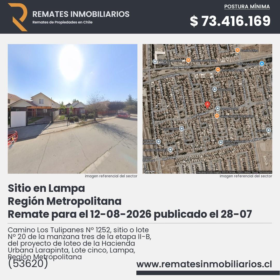 Imagen ficha Camino Los Tulipanes Nº 1252, sitio o lote Nº 20 de la manzana tres de la etapa II-B, del proyecto de loteo de la Hacienda Urbana Larapinta, Lote cinco, Lampa, Región Metropolitana