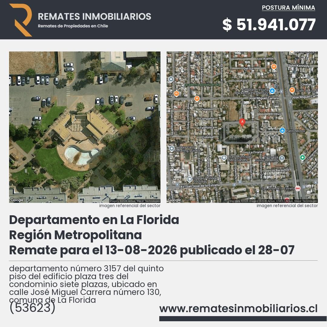 Imagen ficha departamento número 3157 del quinto piso del edificio plaza tres del condominio siete plazas, ubicado en calle José Miguel Carrera número 130, comuna de La Florida
