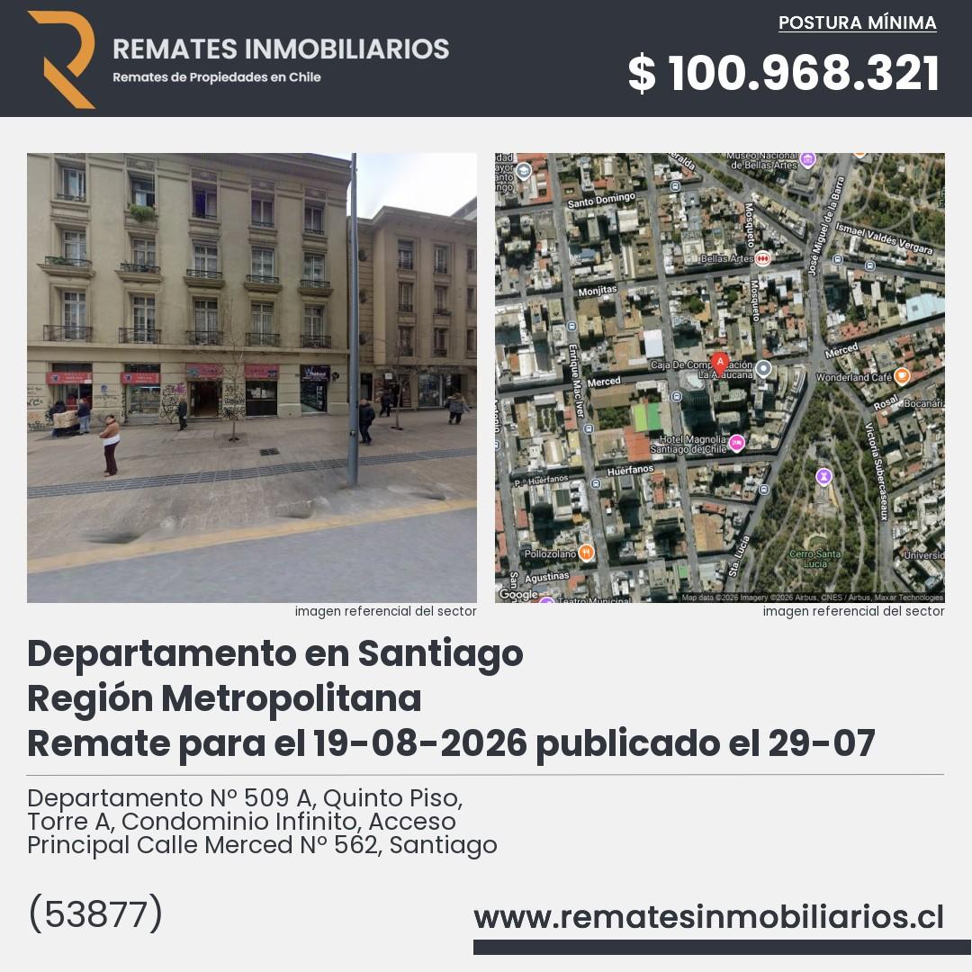 Imagen ficha Departamento Nº 509 A, Quinto Piso, Torre A, Condominio Infinito, Acceso Principal Calle Merced Nº 562, Santiago