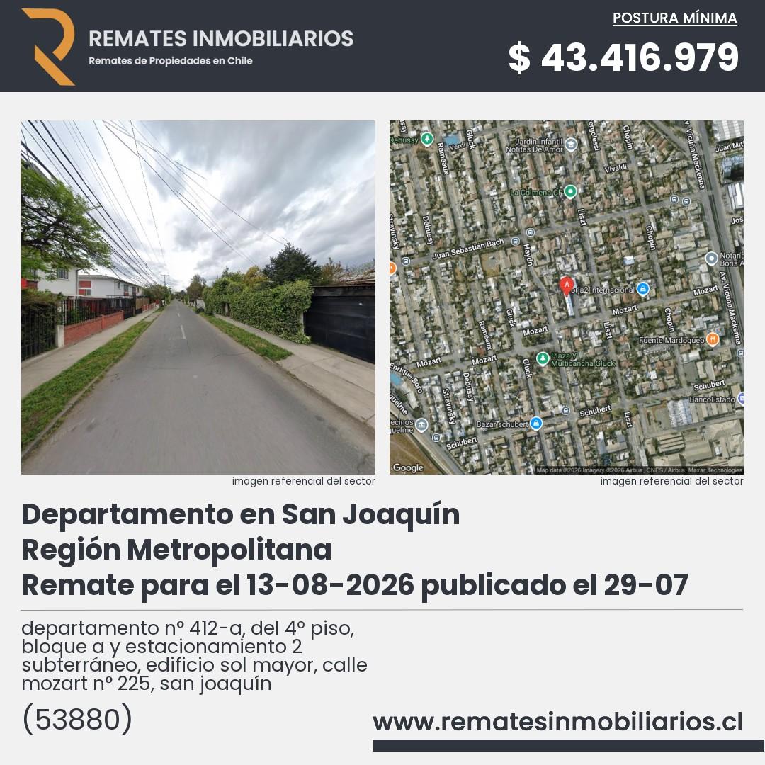 Imagen ficha departamento n° 412-a, del 4º piso, bloque a y estacionamiento 2 subterráneo, edificio sol mayor, calle mozart n° 225, san joaquín