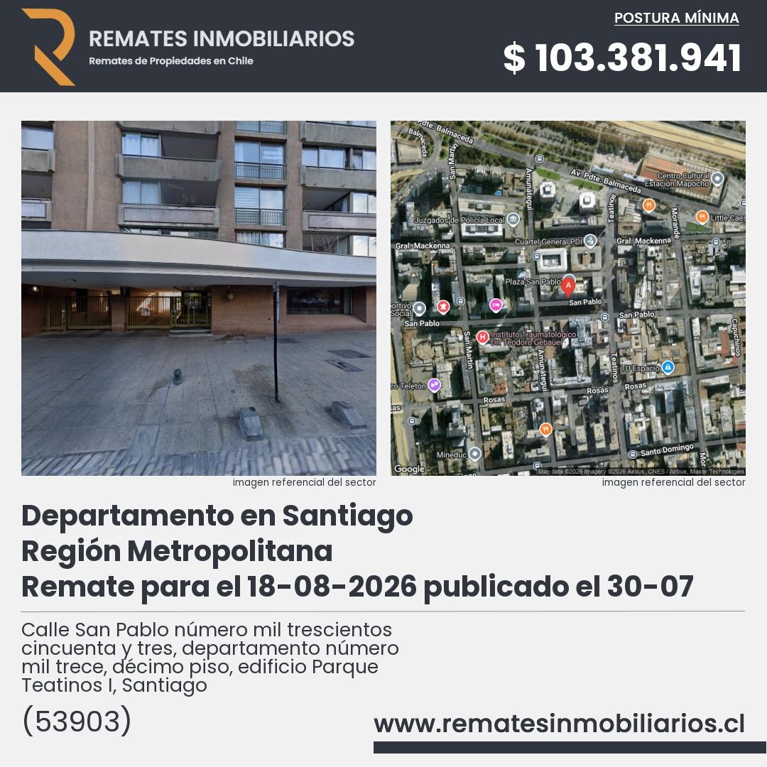 Imagen ficha Calle San Pablo número mil trescientos cincuenta y tres, departamento número mil trece, décimo piso, edificio Parque Teatinos I, Santiago