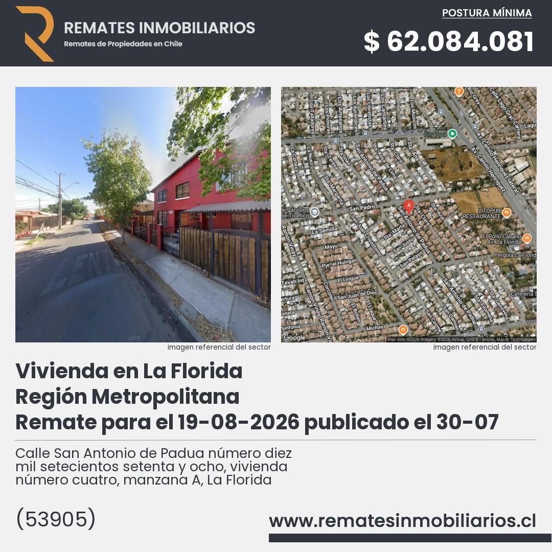 Imagen ficha Calle San Antonio de Padua número diez mil setecientos setenta y ocho, vivienda número cuatro, manzana A, La Florida