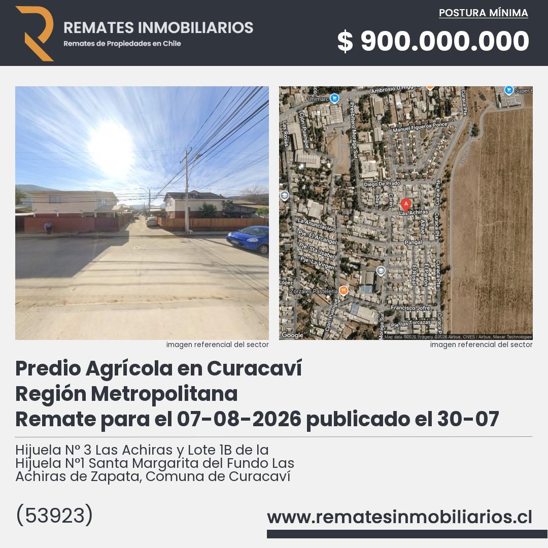 Imagen ficha Hijuela N° 3 Las Achiras y Lote 1B de la Hijuela N°1 Santa Margarita del Fundo Las Achiras de Zapata, Comuna de Curacaví