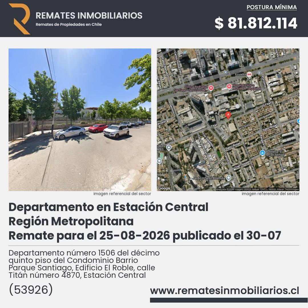 Imagen ficha Departamento número 1506 del décimo quinto piso del Condominio Barrio Parque Santiago, Edificio El Roble, calle Titán número 4870, Estación Central
