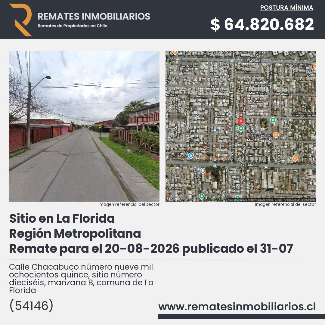Imagen ficha Calle Chacabuco número nueve mil ochocientos quince, sitio número dieciséis, manzana B, comuna de La Florida