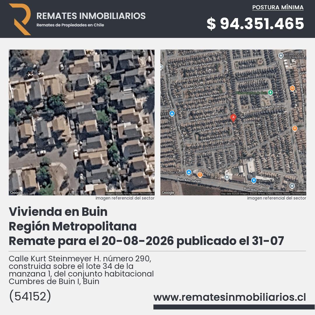 Imagen ficha Calle Kurt Steinmeyer H. número 290, construida sobre el lote 34 de la manzana 1, del conjunto habitacional Cumbres de Buin I, Buin