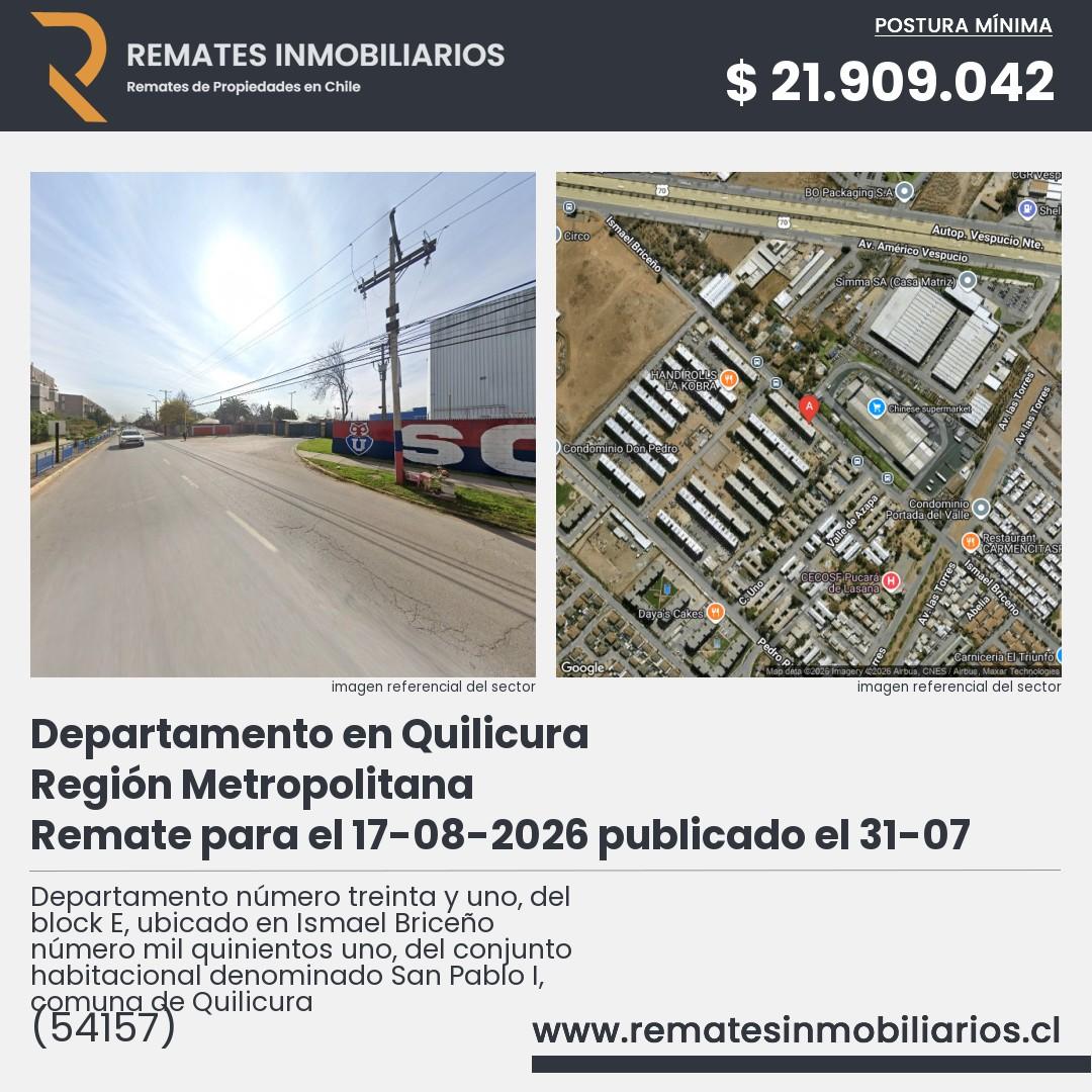 Imagen ficha Departamento número treinta y uno, del block E, ubicado en Ismael Briceño número mil quinientos uno, del conjunto habitacional denominado San Pablo I, comuna de Quilicura