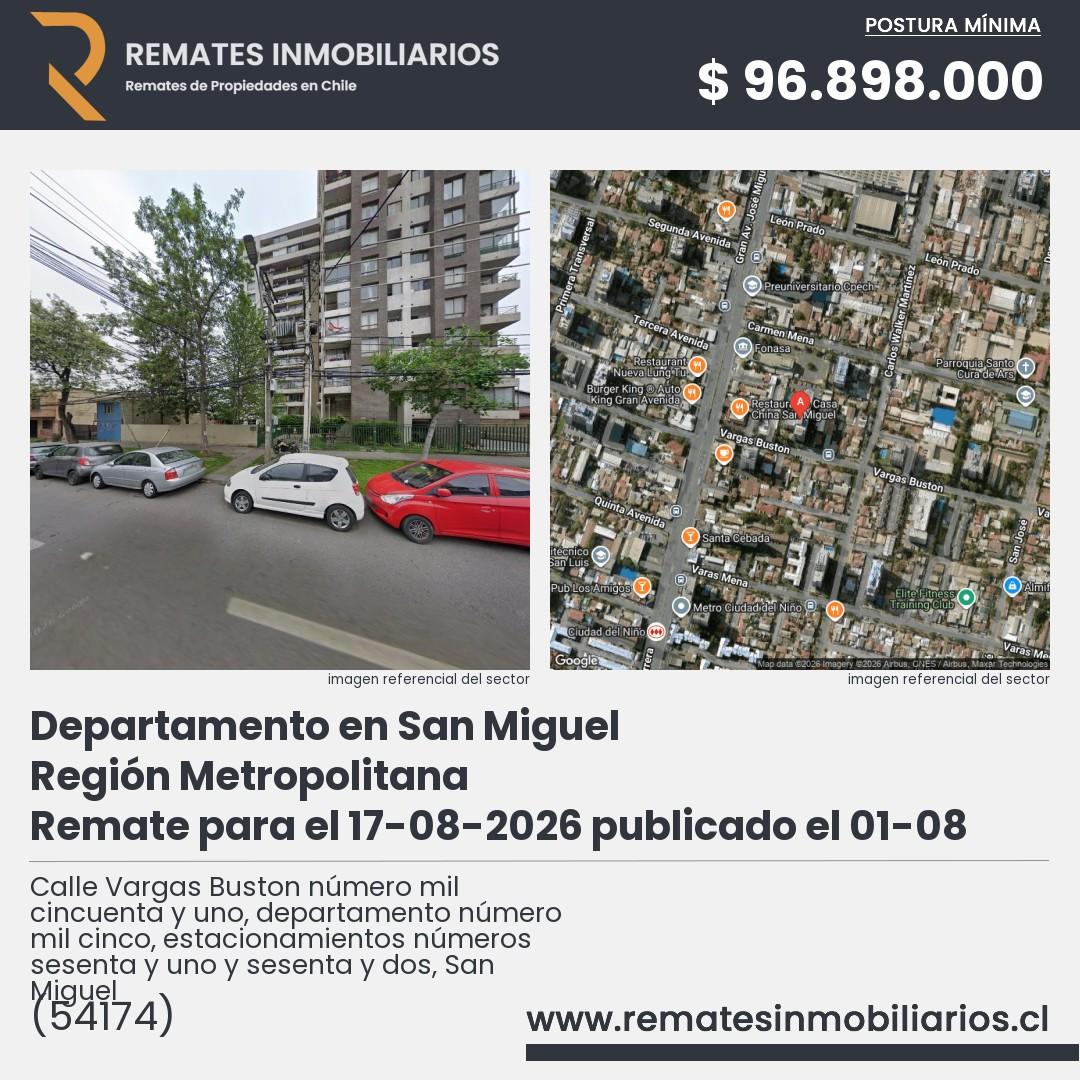 Imagen ficha Calle Vargas Buston número mil cincuenta y uno, departamento número mil cinco, estacionamientos números sesenta y uno y sesenta y dos, San Miguel