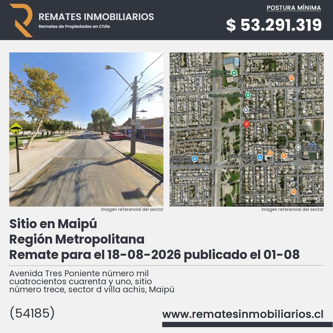 Imagen ficha Avenida Tres Poniente número mil cuatrocientos cuarenta y uno, sitio número trece, sector d villa achis, Maipú