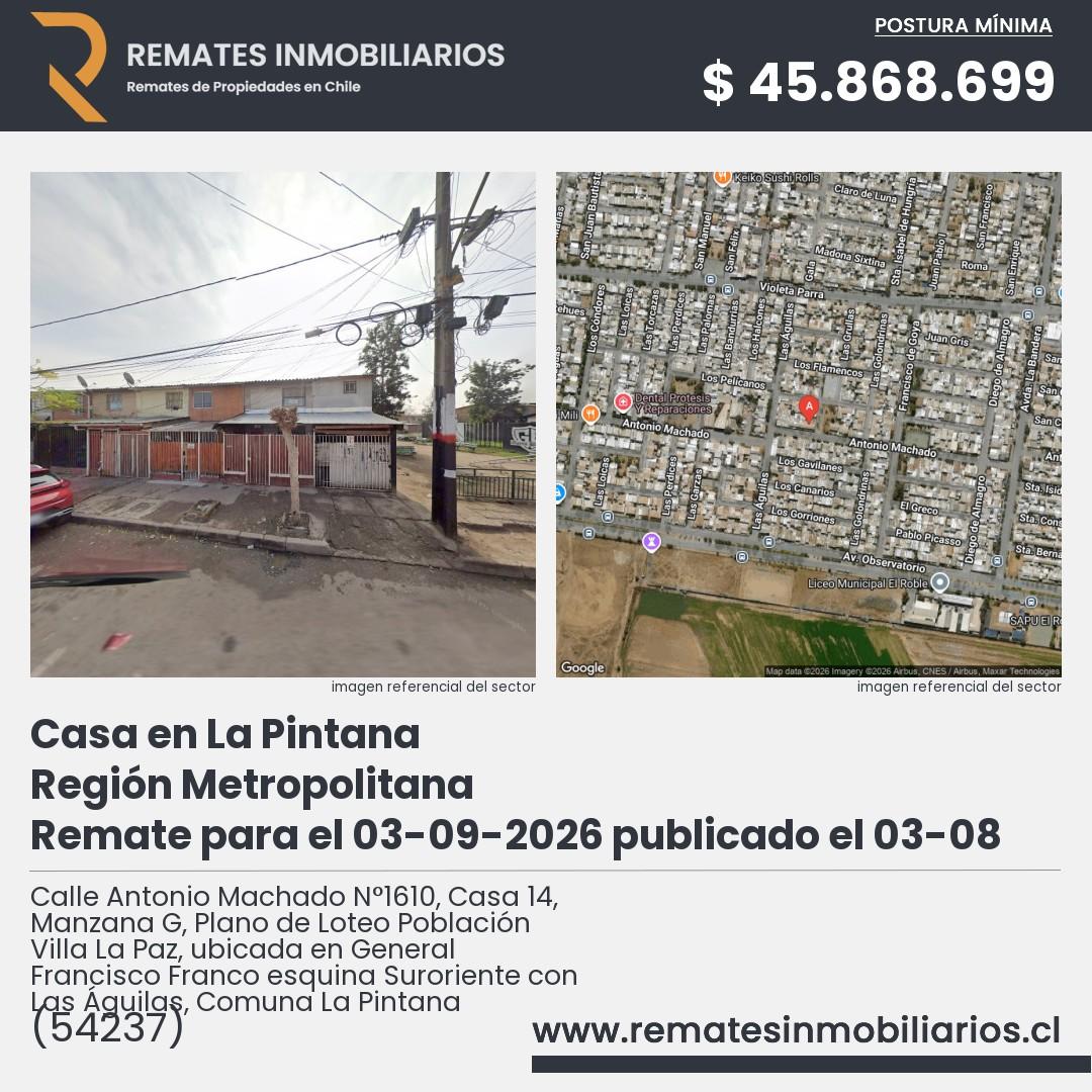 Imagen ficha Calle Antonio Machado N°1610, Casa 14, Manzana G, Plano de Loteo Población Villa La Paz, ubicada en General Francisco Franco esquina Suroriente con Las Águilas, Comuna La Pintana