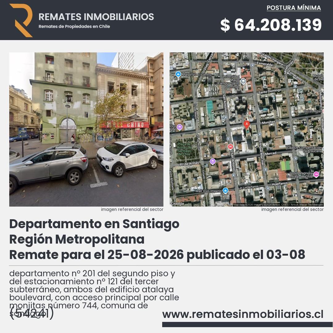 Imagen ficha departamento nº 201 del segundo piso y del estacionamiento nº 121 del tercer subterráneo, ambos del edificio atalaya boulevard, con acceso principal por calle monjitas número 744, comuna de santiago