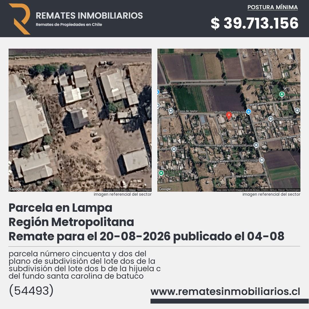 Imagen ficha parcela número cincuenta y dos del plano de subdivisión del lote dos de la subdivisión del lote dos b de la hijuela c del fundo santa carolina de batuco