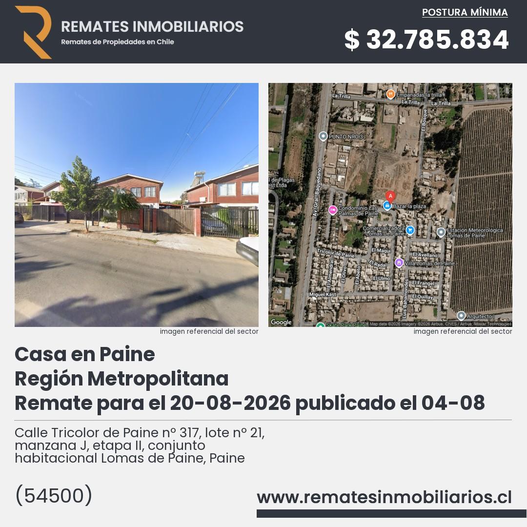 Imagen ficha Calle Tricolor de Paine nº 317, lote nº 21, manzana J, etapa II, conjunto habitacional Lomas de Paine, Paine