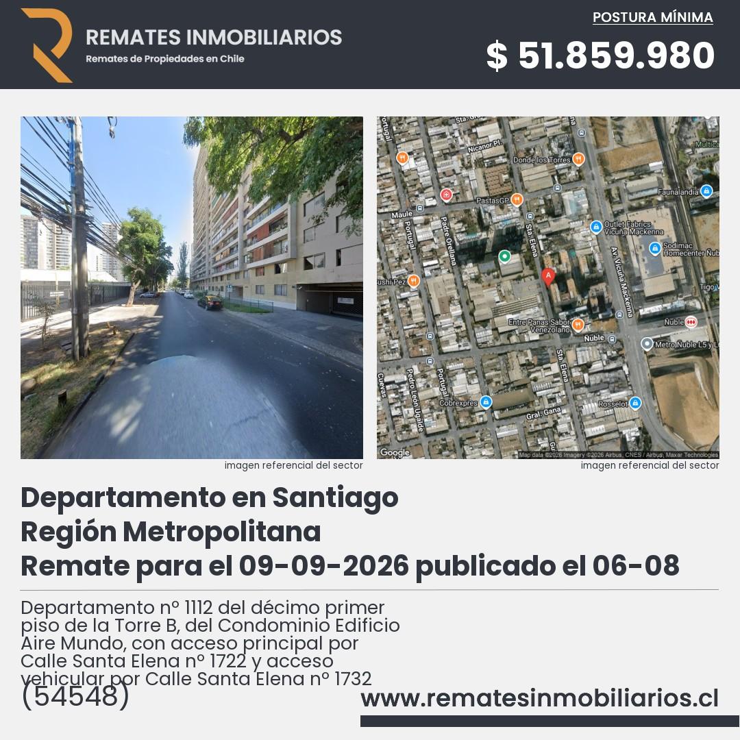 Imagen ficha Departamento nº 1112 del décimo primer piso de la Torre B, del Condominio Edificio Aire Mundo, con acceso principal por Calle Santa Elena nº 1722 y acceso vehicular por Calle Santa Elena nº 1732