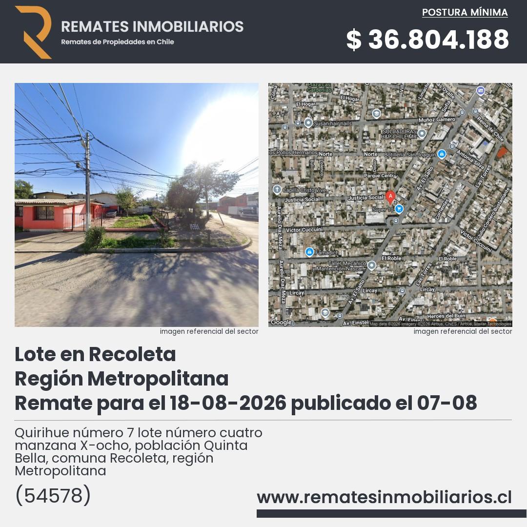 Imagen ficha Quirihue número 7 lote número cuatro manzana X-ocho, población Quinta Bella, comuna Recoleta, región Metropolitana