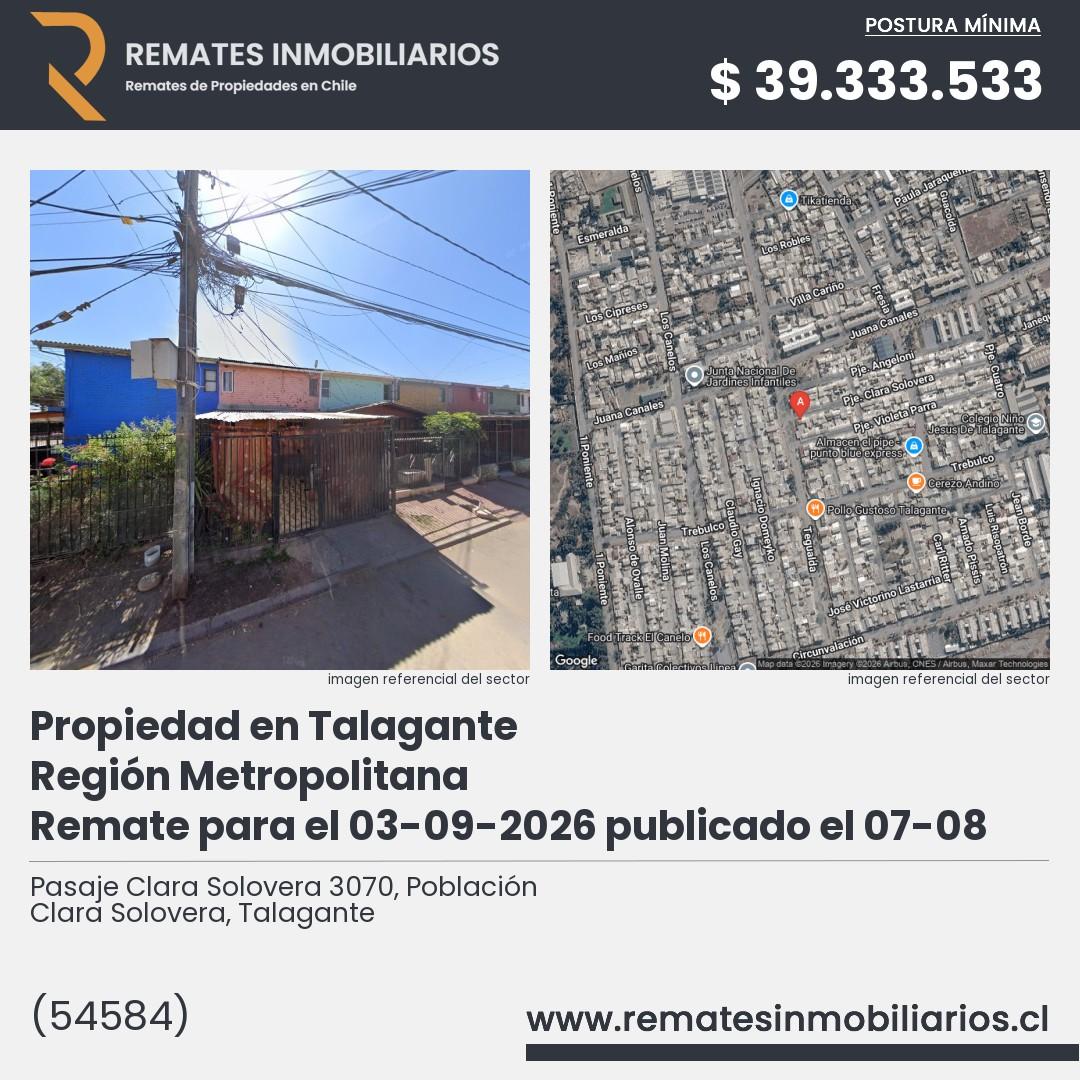 Imagen ficha Pasaje Clara Solovera 3070, Población Clara Solovera, Talagante