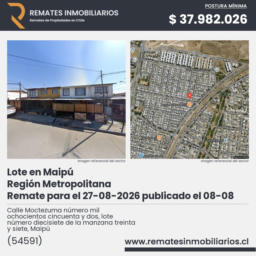 Imagen ficha Calle Moctezuma número mil ochocientos cincuenta y dos, lote número diecisiete de la manzana treinta y siete, Maipú