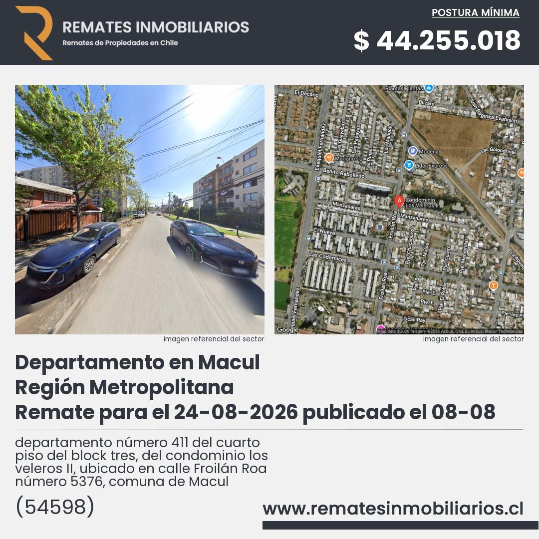 Imagen ficha departamento número 411 del cuarto piso del block tres, del condominio los veleros II, ubicado en calle Froilán Roa número 5376, comuna de Macul