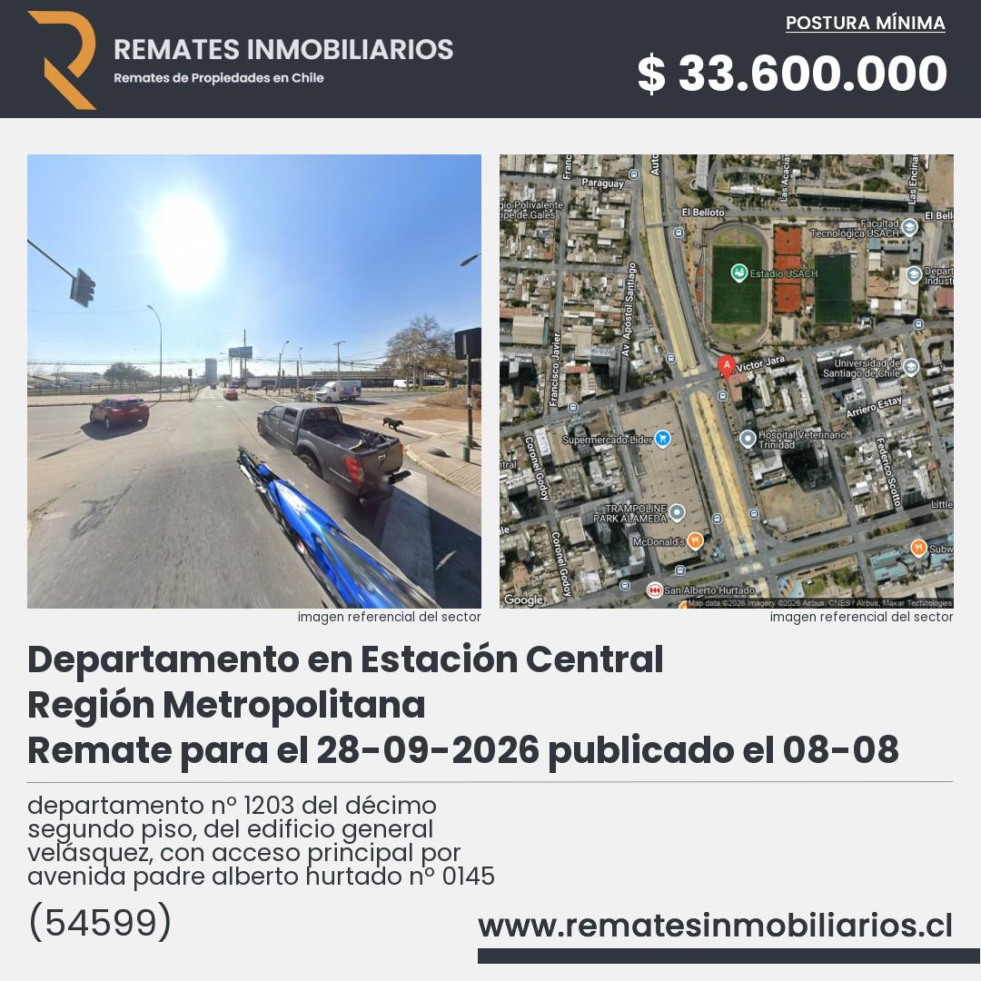 Imagen ficha departamento nº 1203 del décimo segundo piso, del edificio general velásquez, con acceso principal por avenida padre alberto hurtado nº 0145