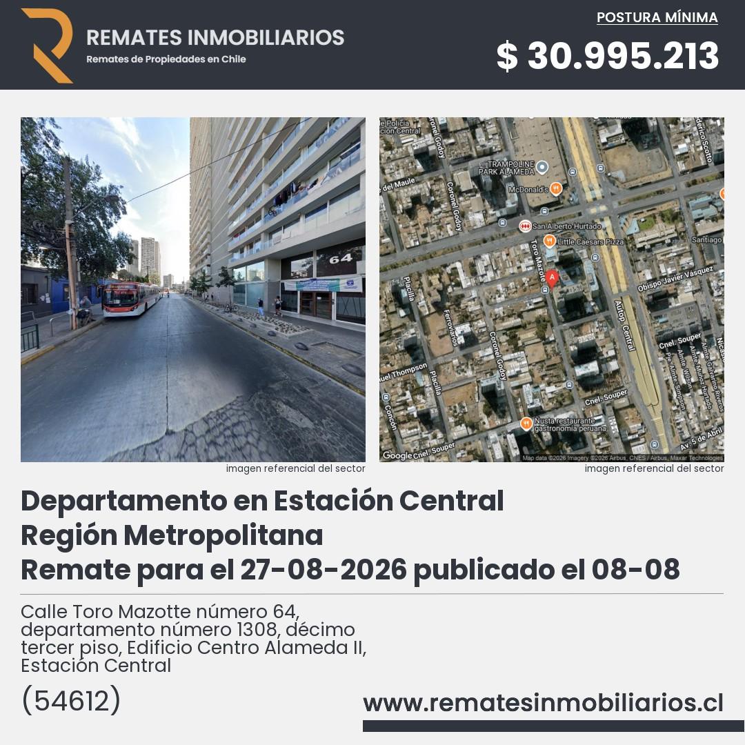 Imagen ficha Calle Toro Mazotte número 64, departamento número 1308, décimo tercer piso, Edificio Centro Alameda II, Estación Central