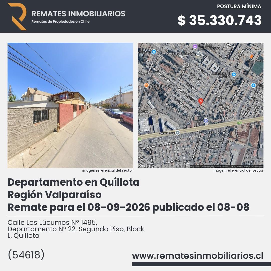 Imagen ficha Calle Los Lúcumos Nº 1495, Departamento Nº 22, Segundo Piso, Block L, Quillota