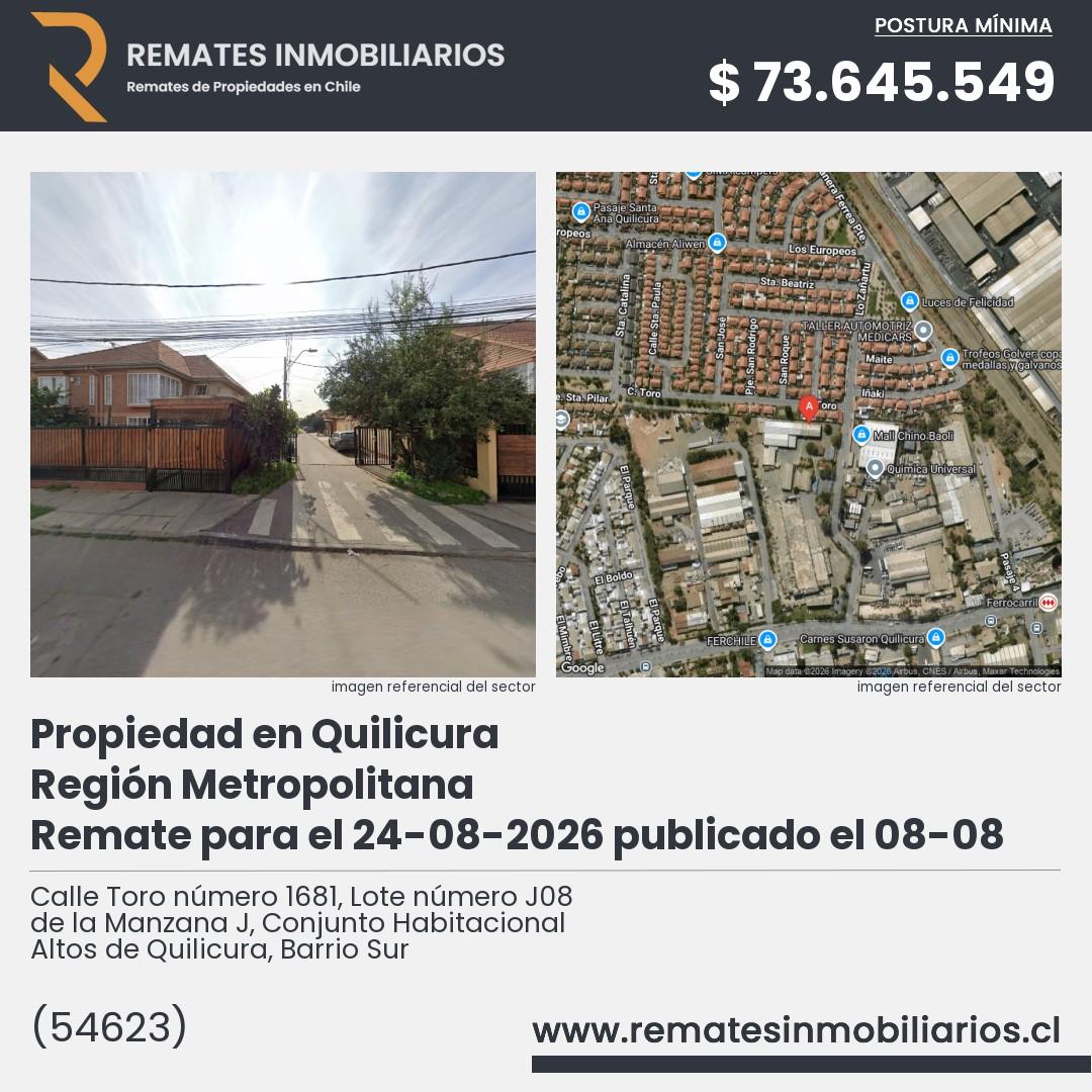 Imagen ficha Calle Toro número 1681, Lote número J08 de la Manzana J, Conjunto Habitacional Altos de Quilicura, Barrio Sur