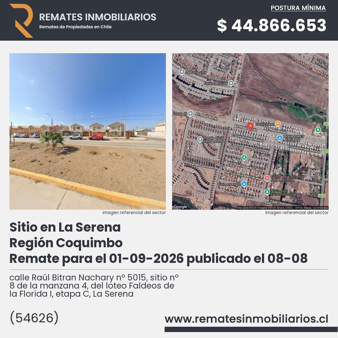 Imagen ficha calle Raúl Bitran Nachary nº 5015, sitio nº 8 de la manzana 4, del loteo Faldeos de la Florida I, etapa C, La Serena