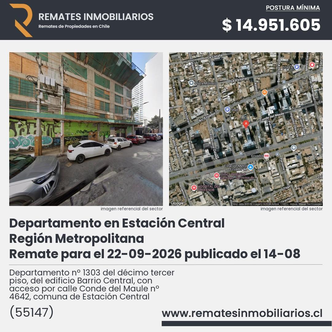 Imagen ficha Departamento nº 1303 del décimo tercer piso, del edificio Barrio Central, con acceso por calle Conde del Maule nº 4642, comuna de Estación Central