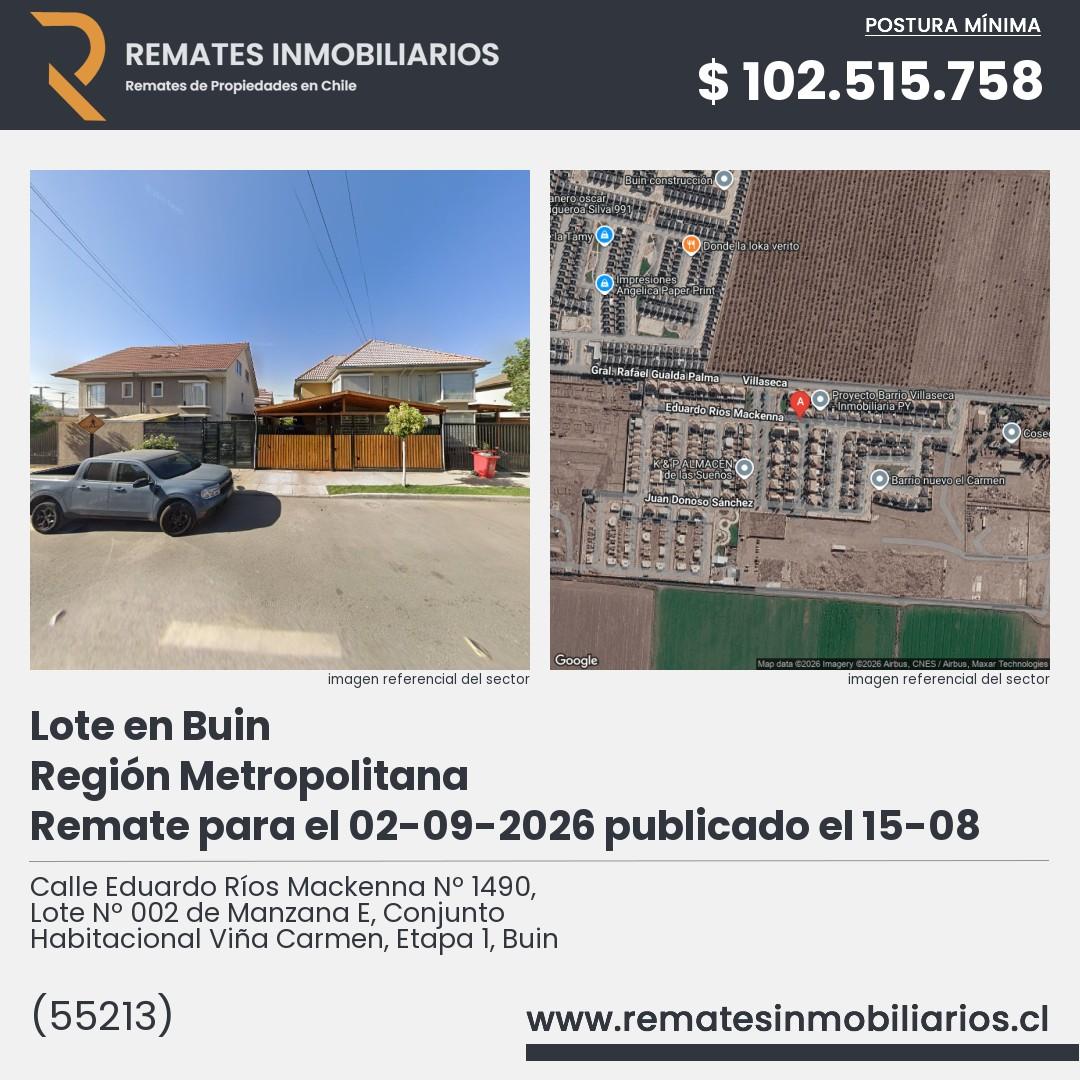 Imagen ficha Calle Eduardo Ríos Mackenna Nº 1490, Lote Nº 002 de Manzana E, Conjunto Habitacional Viña Carmen, Etapa 1, Buin