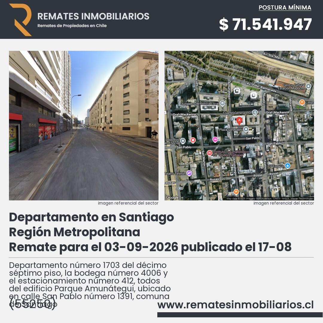 Imagen ficha Departamento número 1703 del décimo séptimo piso, la bodega número 4006 y el estacionamiento número 412, todos del edificio Parque Amunátegui, ubicado en calle San Pablo número 1391, comuna de Santiago