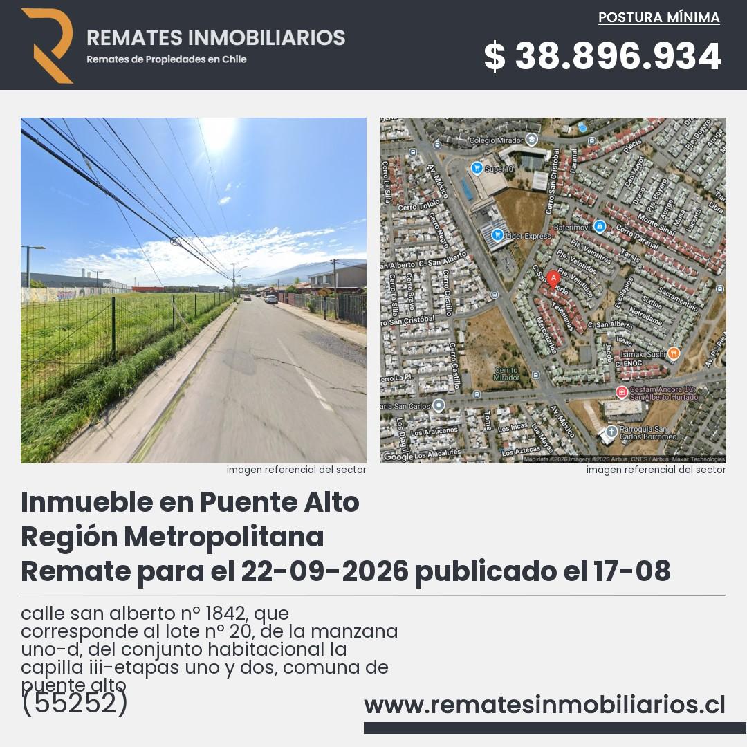 Imagen ficha calle san alberto nº 1842, que corresponde al lote nº 20, de la manzana uno-d, del conjunto habitacional la capilla iii-etapas uno y dos, comuna de puente alto
