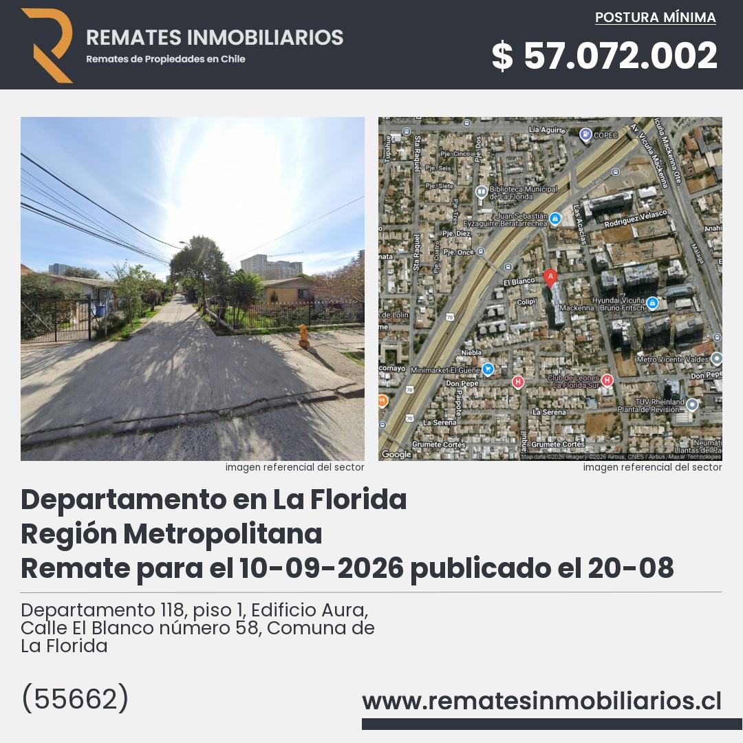 Imagen ficha Departamento 118, piso 1, Edificio Aura, Calle El Blanco número 58, Comuna de La Florida