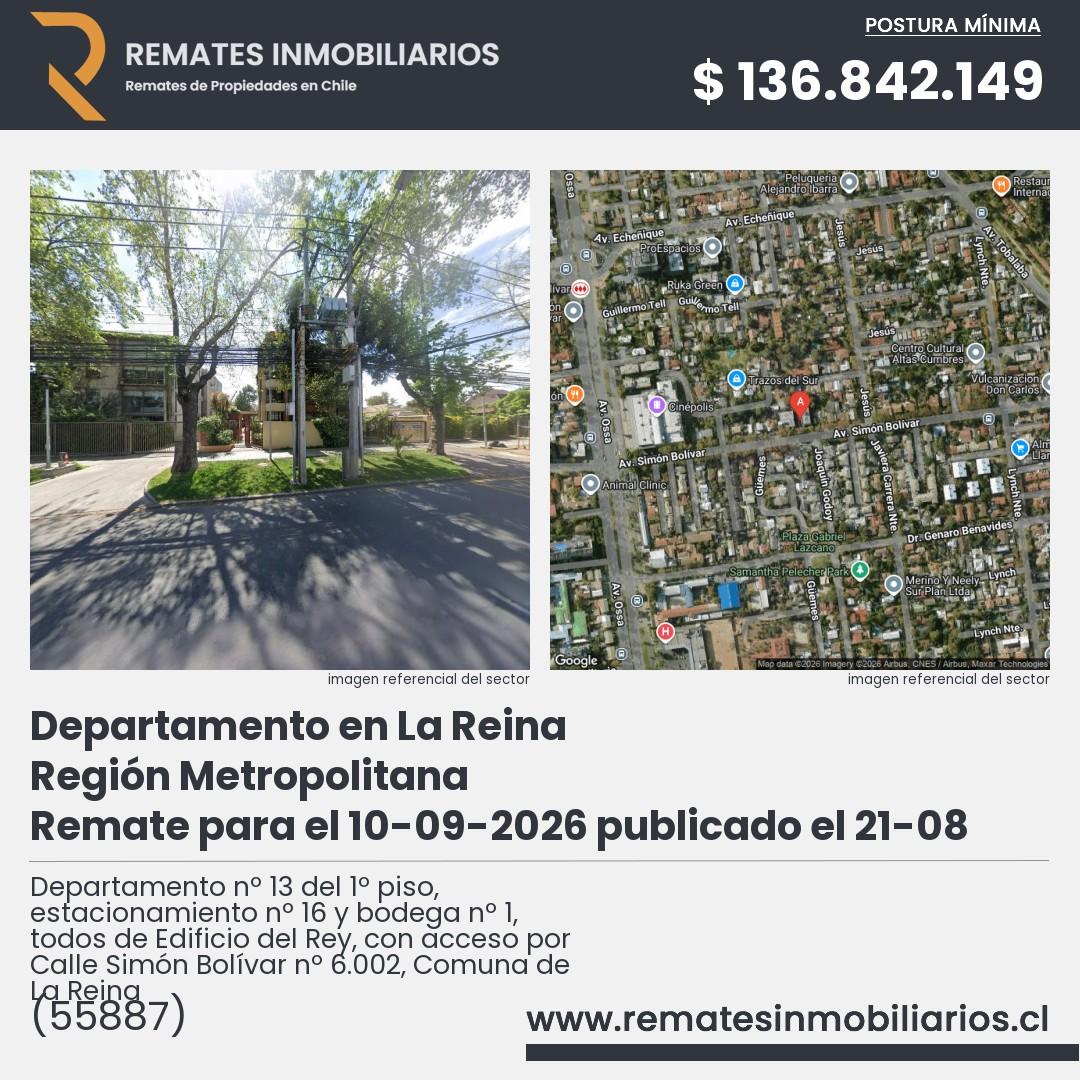 Imagen ficha Departamento nº 13 del 1º piso, estacionamiento nº 16 y bodega nº 1, todos de Edificio del Rey, con acceso por Calle Simón Bolívar nº 6.002, Comuna de La Reina