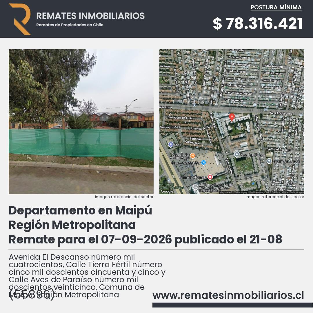 Imagen ficha Avenida El Descanso número mil cuatrocientos, Calle Tierra Fértil número cinco mil doscientos cincuenta y cinco y Calle Aves de Paraíso número mil doscientos veinticinco, Comuna de Maipú, Región Metropolitana