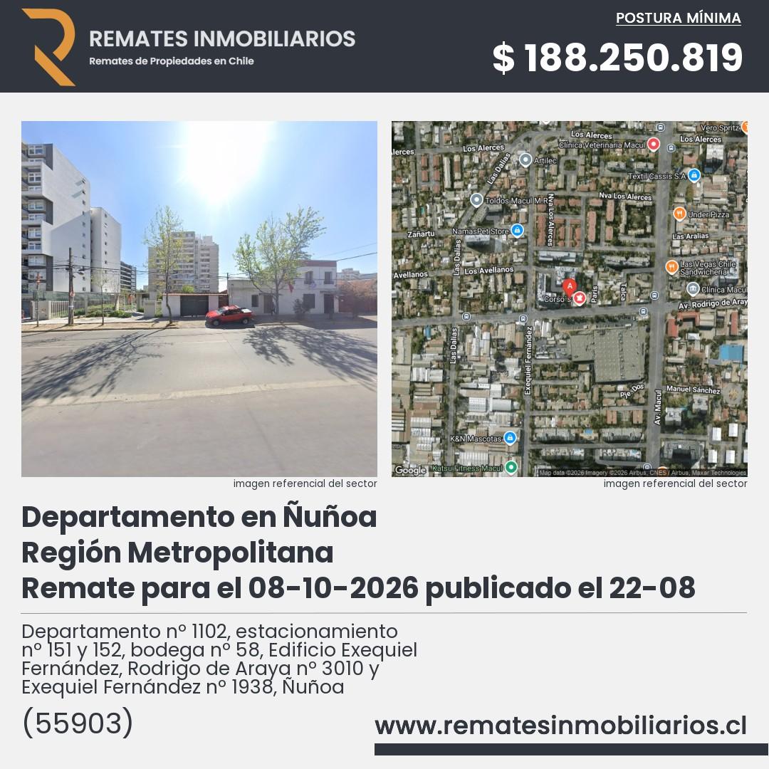 Imagen ficha Departamento nº 1102, estacionamiento nº 151 y 152, bodega nº 58, Edificio Exequiel Fernández, Rodrigo de Araya nº 3010 y Exequiel Fernández nº 1938, Ñuñoa