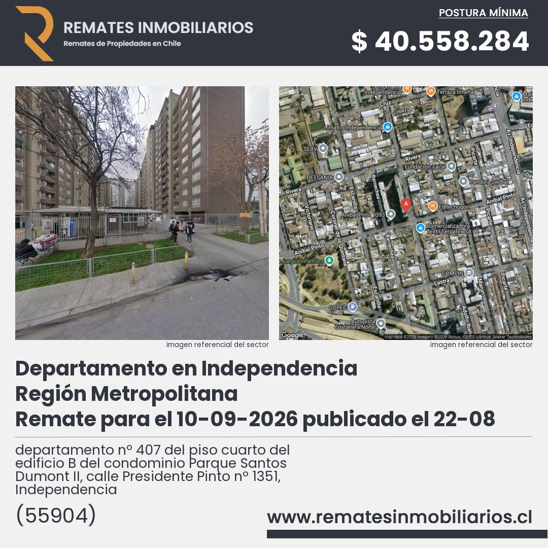 Imagen ficha departamento nº 407 del piso cuarto del edificio B del condominio Parque Santos Dumont II, calle Presidente Pinto nº 1351, Independencia